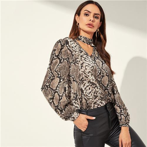 Snake Animal Pattern Choker Neck Cut Out Multicolor Top Casual V-neck Long Sleeve Blouse