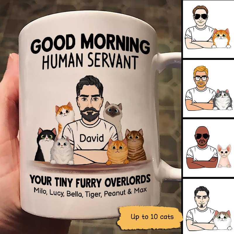 Man And Cats Good Morning Happy Father‘S Day Human Servant Gift For Cat Dad Personalized Mug