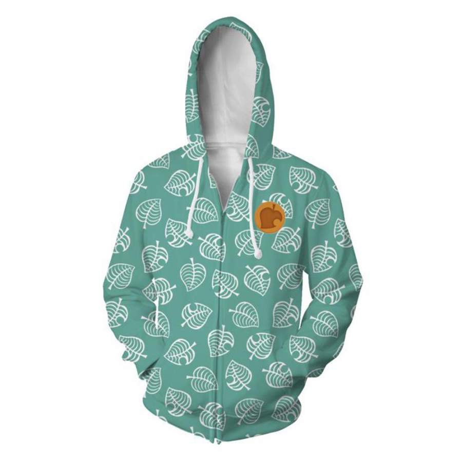 Animal Crossing Green Leaf Hoodie Casual Zipper Sweatshirt for Adult