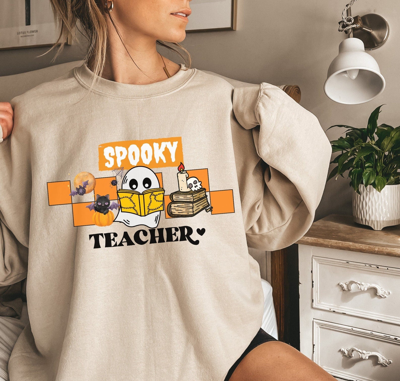 Vintage Halloween Teacher 2D Crewneck Sweatshirt All Over Print Sweatshirt For Women Sweatshirt For Men