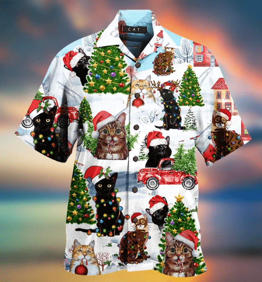 Christmas Cats Light Print Polyester Hawaii Aloha Shirts Ha42363