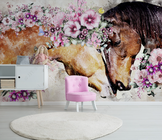 3D Hand Drawn Floral Animal Horse Wall Mural Wallpaper Lqh 89