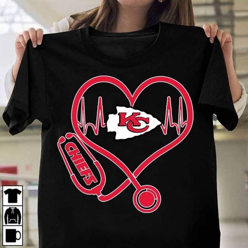 Chiefs Beautiful Imagine Art Print Doctor Earpiece Shaping Heart And Heartbeat And Sticker Logo Of The Team Rugby Kansas City Chiefs Black Men And Women T Shirt S-5Xl