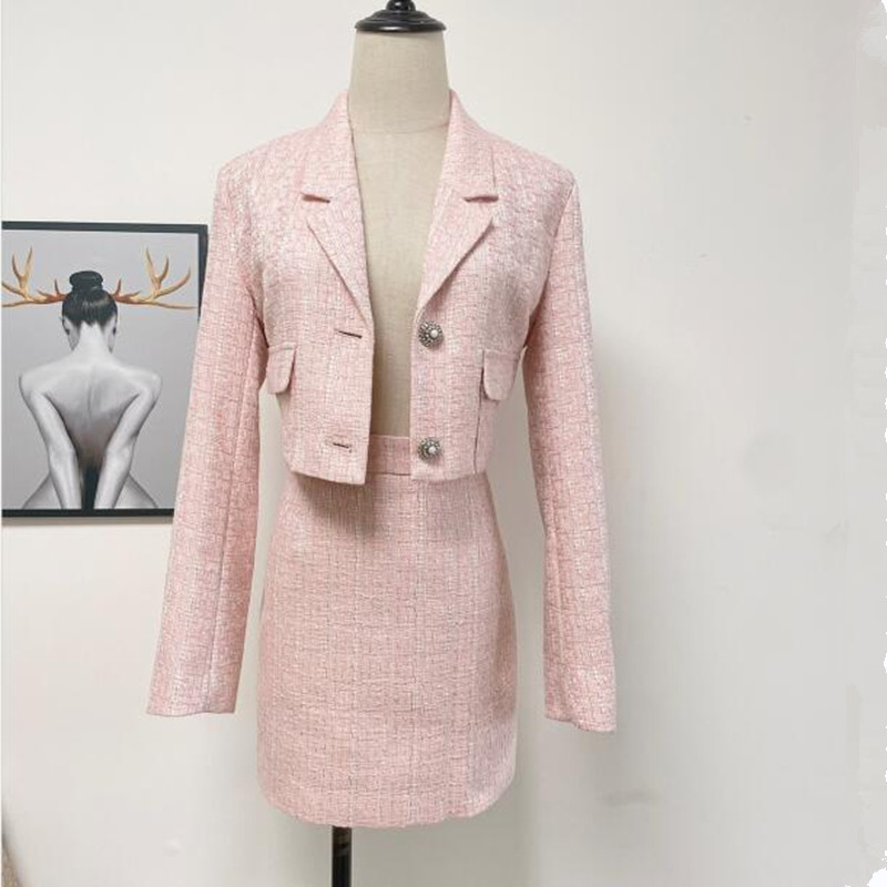 Autumn Winter Pink Tweed Jacket Women Skirts 2 Piece Set Female Long Sleeve Short Coat High-waist Mini Skirt Two Piece Sets alx