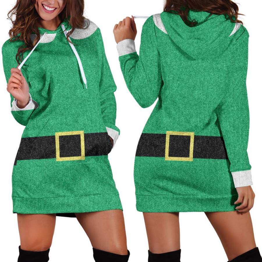 Women’s Hoodie Dress – Ugly Sweater Green Elf