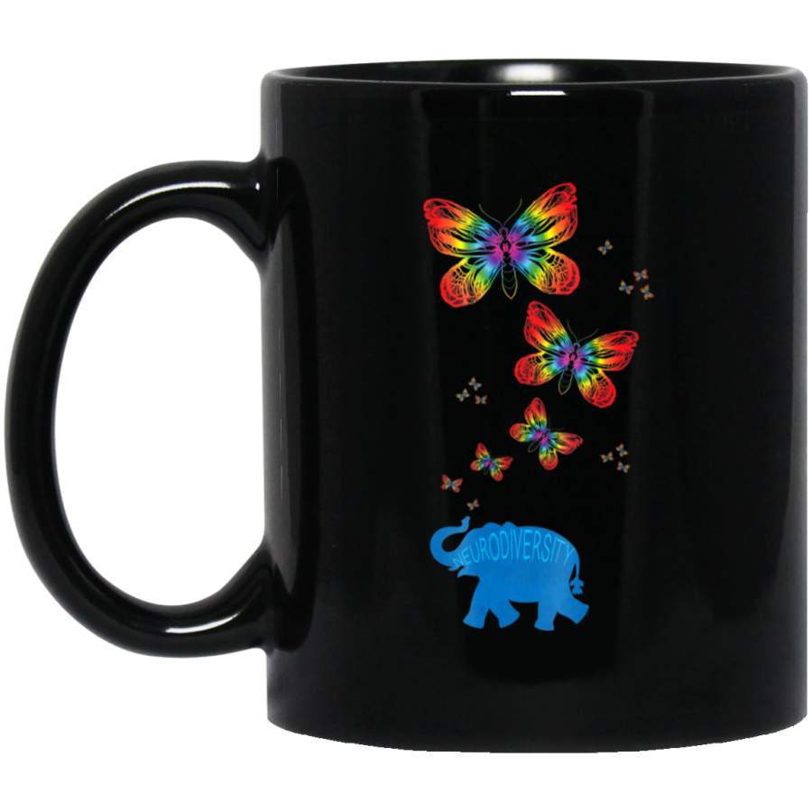 Neurodiversity Elephant Butterfly Autism Awareness 11oz 15oz Black Mug Idea 2nd April Puzzle Ribbon Support Autism Dad Mom Kids Autistic