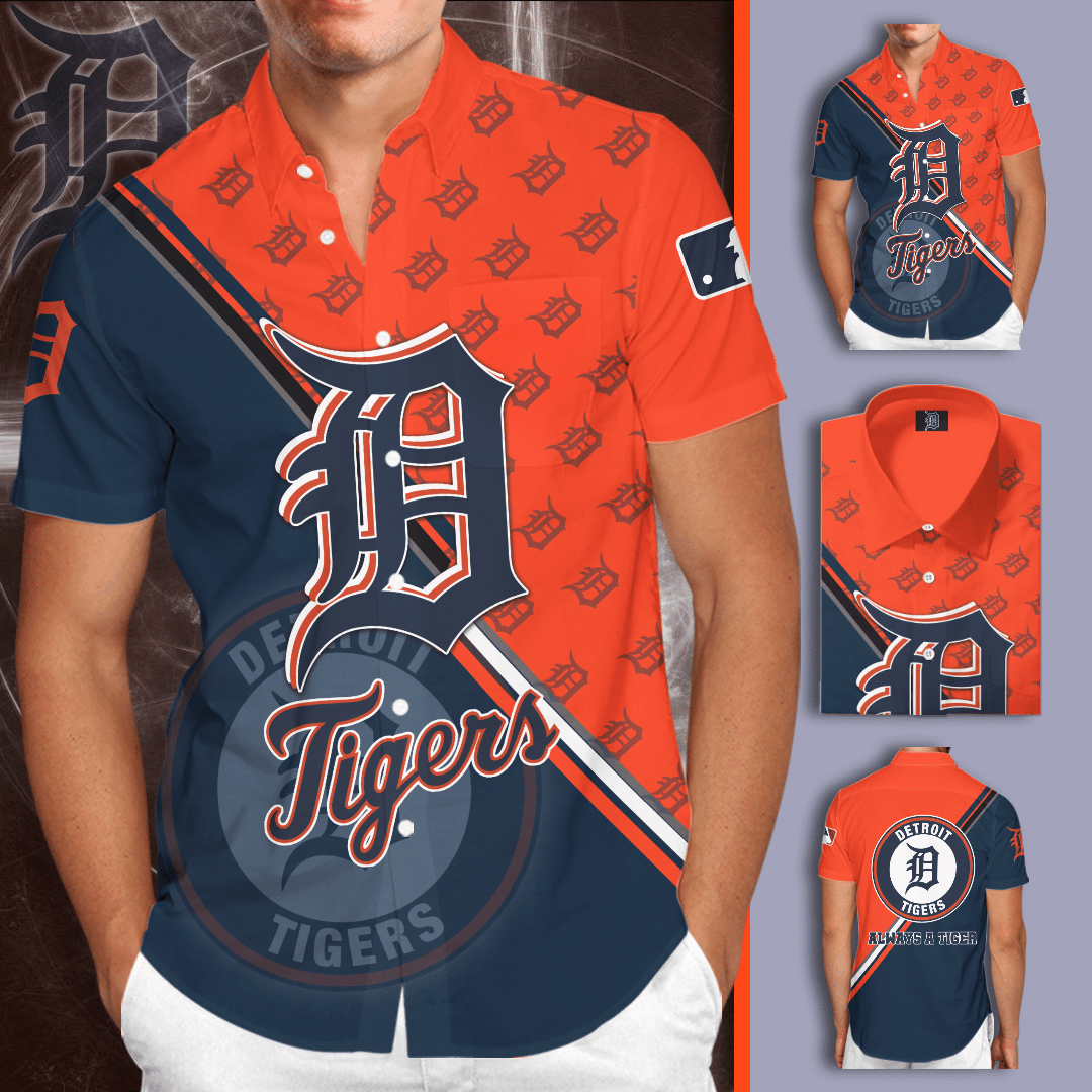 Detroit Tigers All Over Print 3D Short Sleeve Dress Shirt Hawaiian Summer Aloha Beach Shirt – Orange Cobalt-Tph