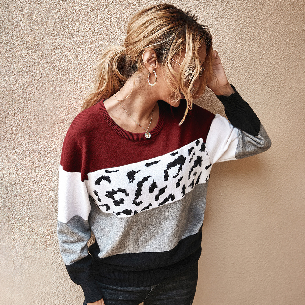 Autumn Winter Women’s Sweaters O-Neck Loose Knitted Jumpers Long Sleeves Leopard Splice Sweater Oversize Ladies Pullover Tops alx