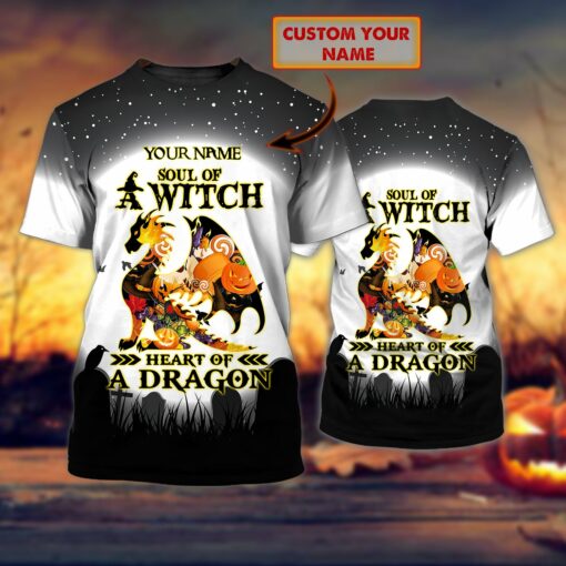 Custom Dragon Halloween Soul Of A Witch Heart Of A Dragon Personalized Name 3D All Over Printed T-Shirt For Men And Women, Happy Halloween Day