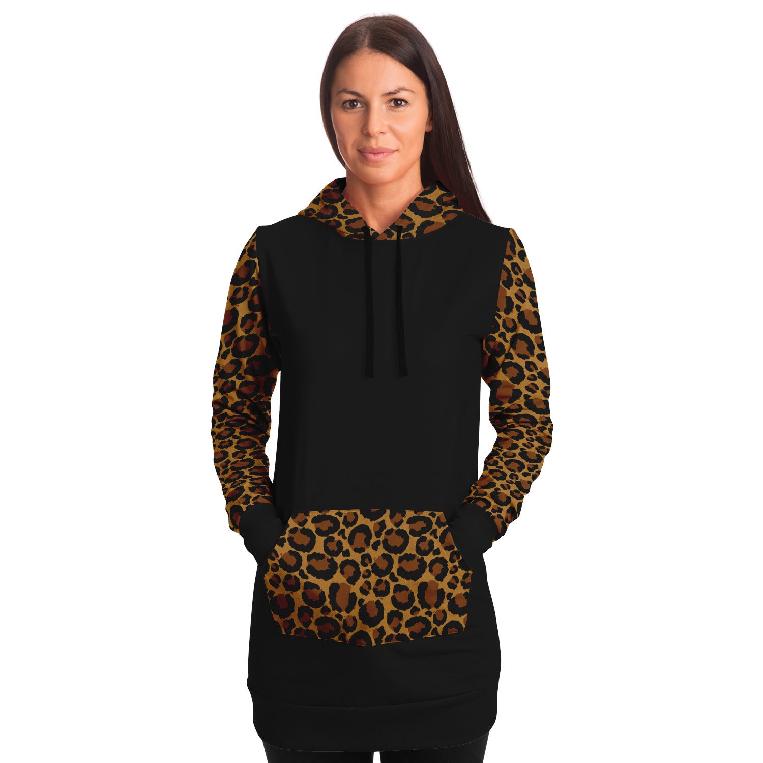 Black Longline Hoodie Dress With Leopard Print Contrast Sleeves, Pocket And Hood