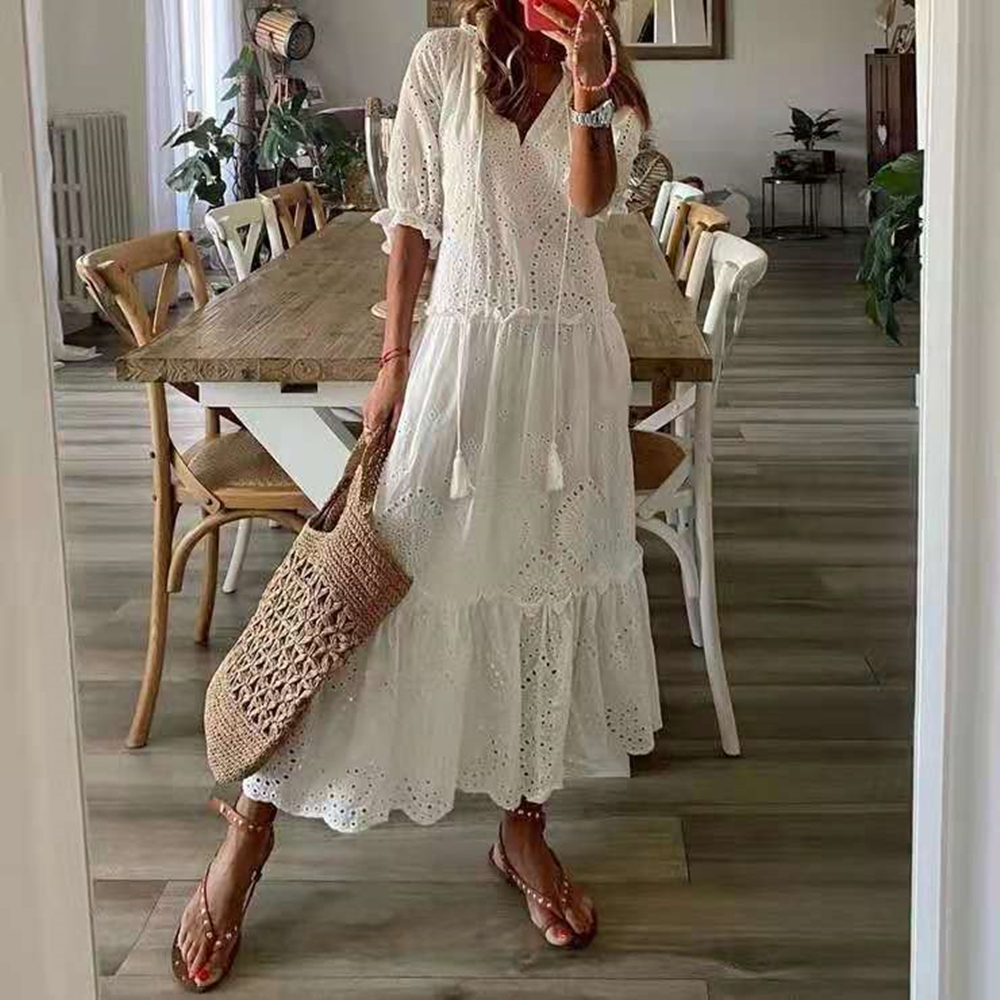 2022 Summer Elegant Hollow Out Lace Solid Office Lady Dress Spring Tennis Beach Dresses Robe Femme Vestidos Elegantes Para Mujer alx