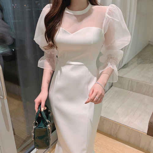 Temperament Elegant O-neck Woman Dresses Mesh Micro-transparent Flare Sleeve Robe Femme High Waist Mermaid Dress Women alx