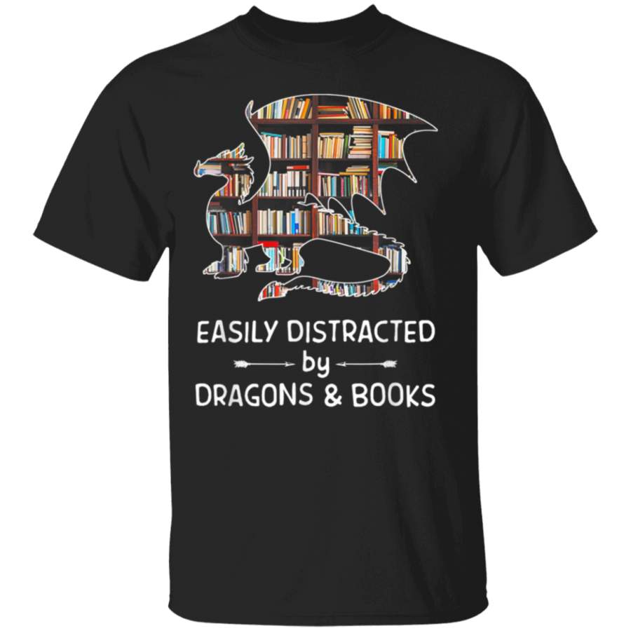 Easily Distracted By Dragons And Books Funny Gift T-Shirt