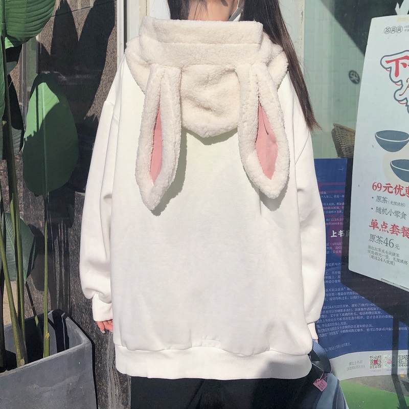 Japan Kawaii Hoodies Girls White Fluffy Bunny Ears Fleece Hooded Sweatshirt Women Winter Lolita Cute Plush Oversized Pullover alx