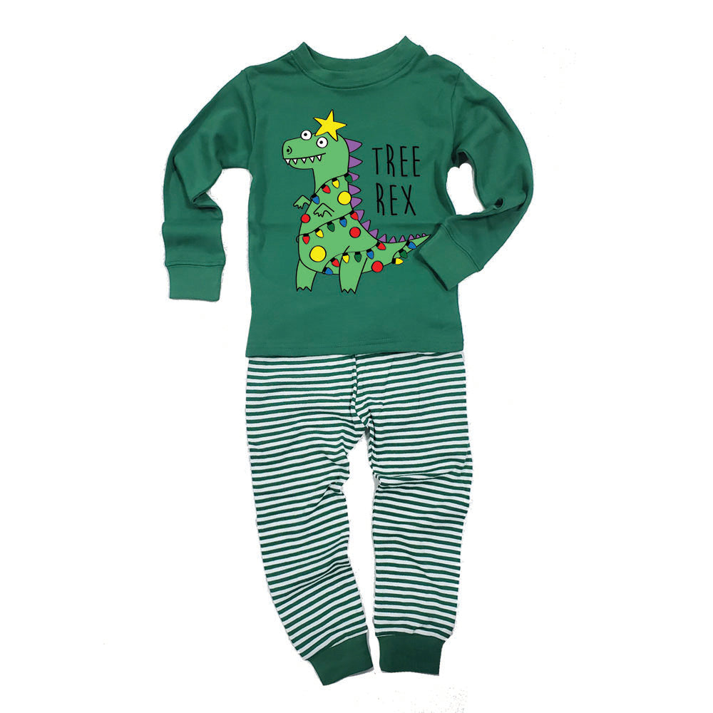 Christmas Tree Rex T-Rex Toddler Long Sleeve Top Striped Pants Pajama Set