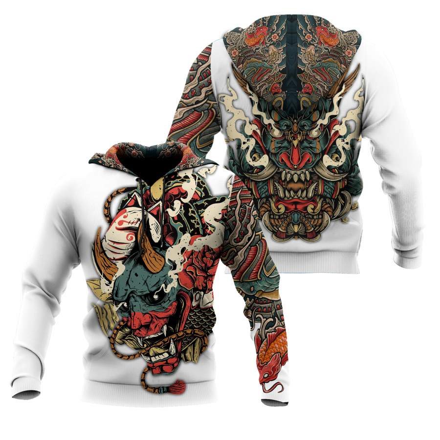 3D Oni Mask White Tattoo Over Printed Shirt for Men and Women TP