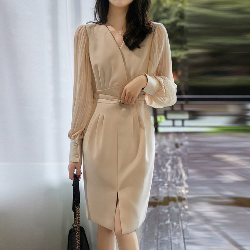 Spring Summer New Elegant Fashion V-neck Pleated Waist Long Sleeve Midi Dresses Office Lady Patchwork Vocation Dress Vestidos alx