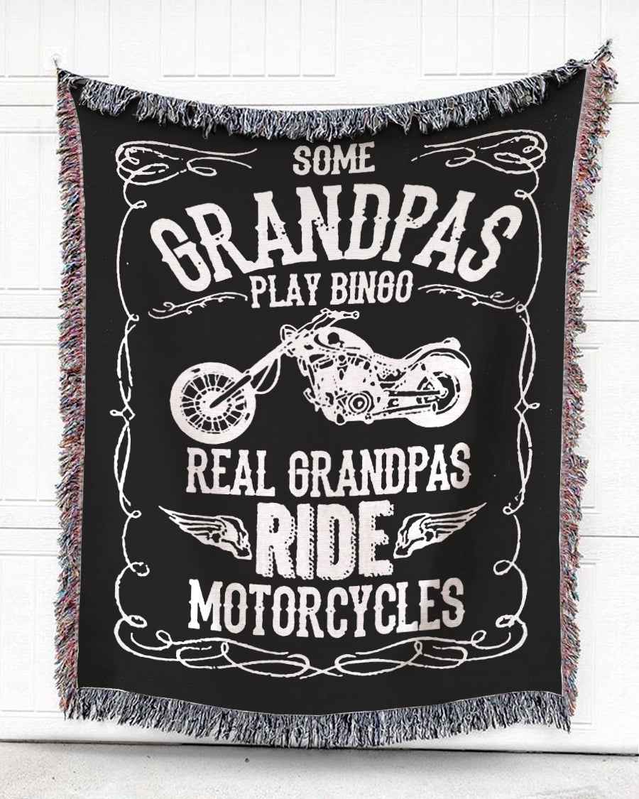 Woven Throw For Grandfather Birthday Gift, Real Grandpas Ride Motorcycle, Cotton Blanket