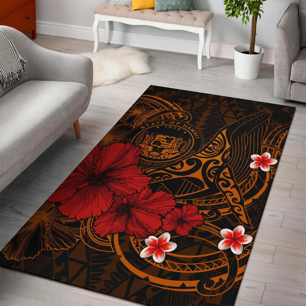 Polynesian Hawaii Area Rug – Humpback Whale With Hibiscus (Golden)