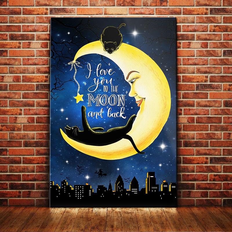 Black Cat Canvas And Poster I Love You To The Moon And Back | Art Print | Home Decor | Room Decor | Wall Art