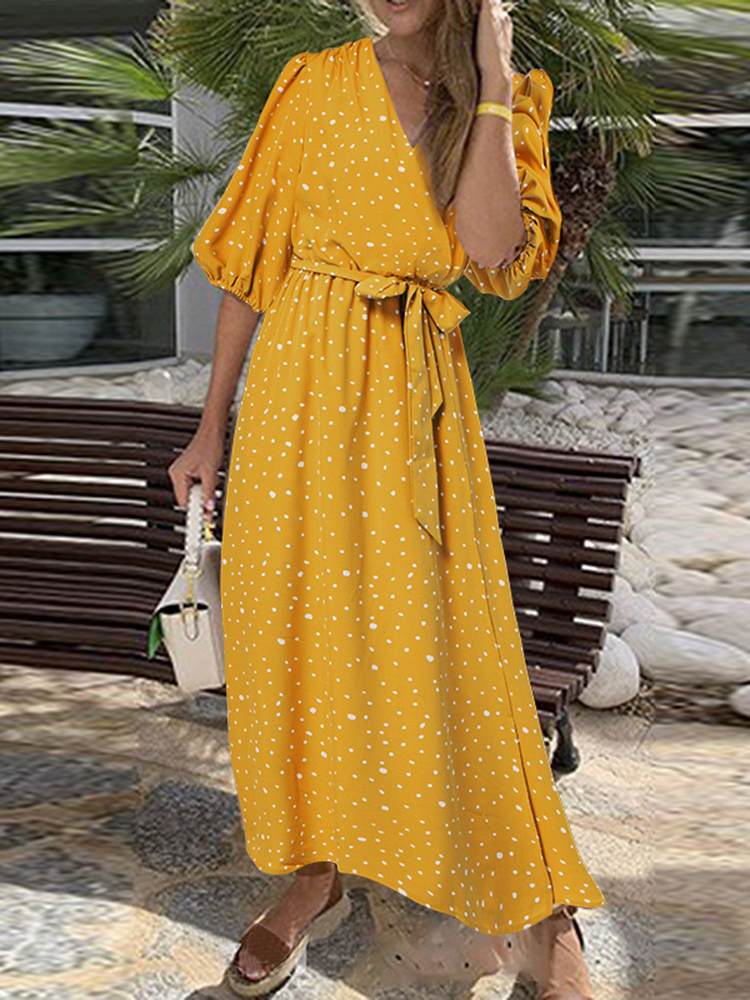 Summer Bohemian Printed Women’s Maxi Dress ZANZEA 2022 Polka Dots Puff Sleeve Dresses Casual Belted Elastic Waist Oversized Robe alx