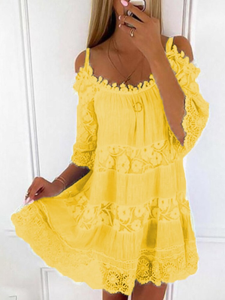 2022 Women Summer Lace Embroidery Mini Dresses Elegant Off Shoulder Sling Princess Dress Casual Solid Loose Pattern Party Dress alx