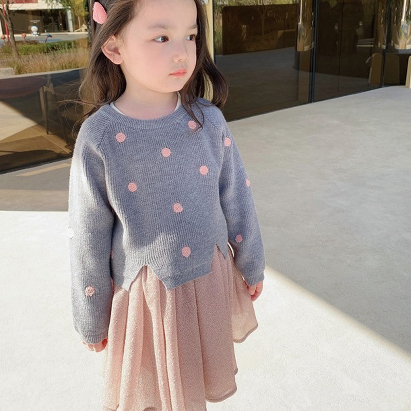 Cute Girls’ Clothes Sets 2021 New Spring Autumn Long Sleeve Ploka Dot Sweater Top + Mesh Yarn Skirt Sweet Children Dress alx