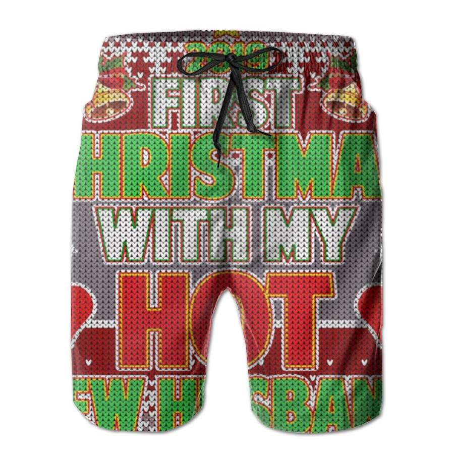 2 Pack First Christmas With Hot Husband Ugly Sweater 2020 Poster Men Swim Trunks Drawstring Elastic Waist Quick Dry Beach Shorts with Mesh Lining Swimwear Bathing Suits