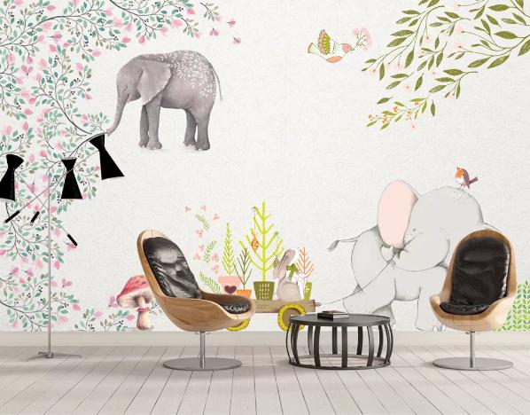 3D Cartoon Elephant Leaves Wall Mural Wallpaper 150