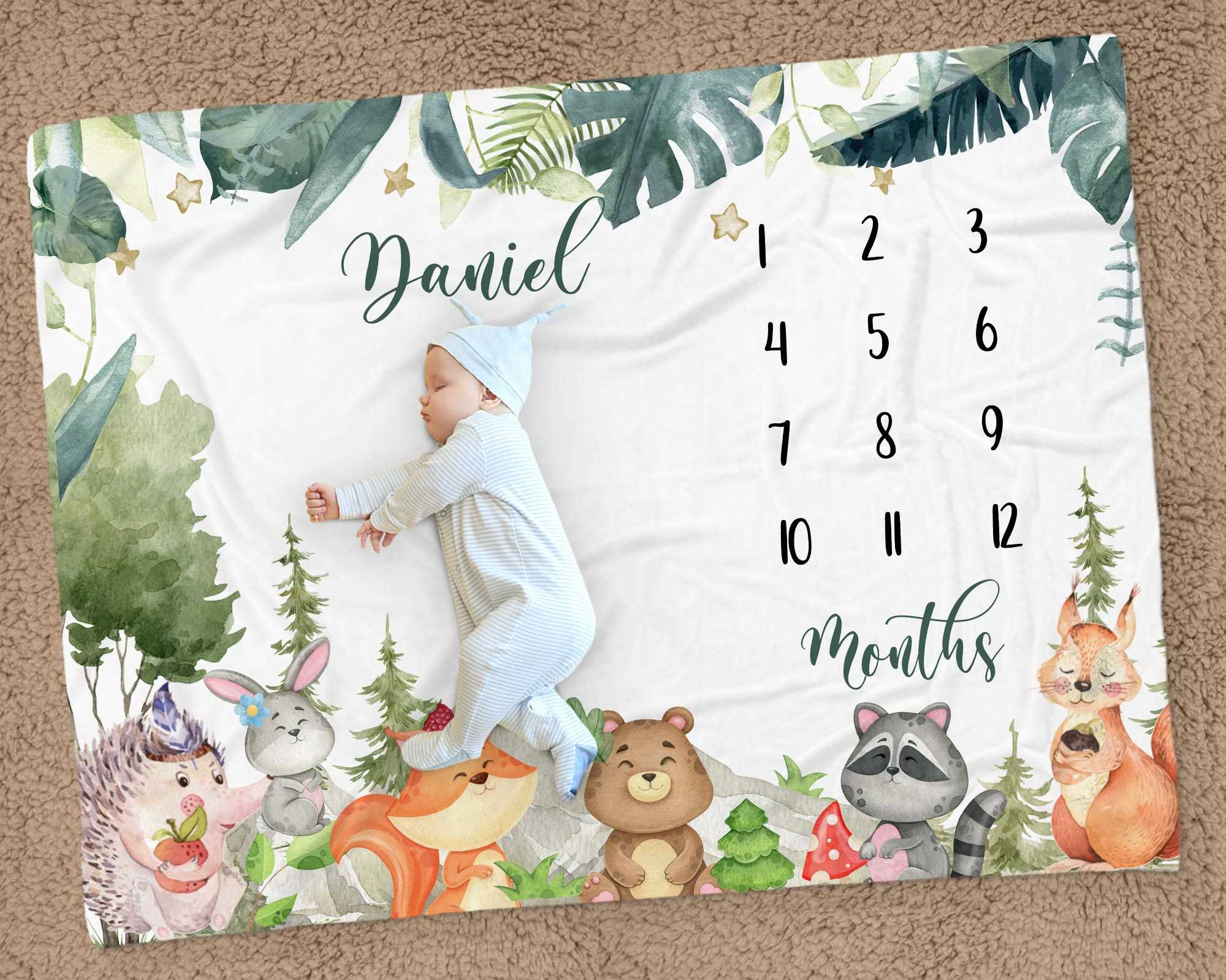 Woodland Baby Month Milestone Blanket, Personalized Woodland Animals Baby Month Blankets, Nursery Custom Name Blanket, Baby Newborn Gift