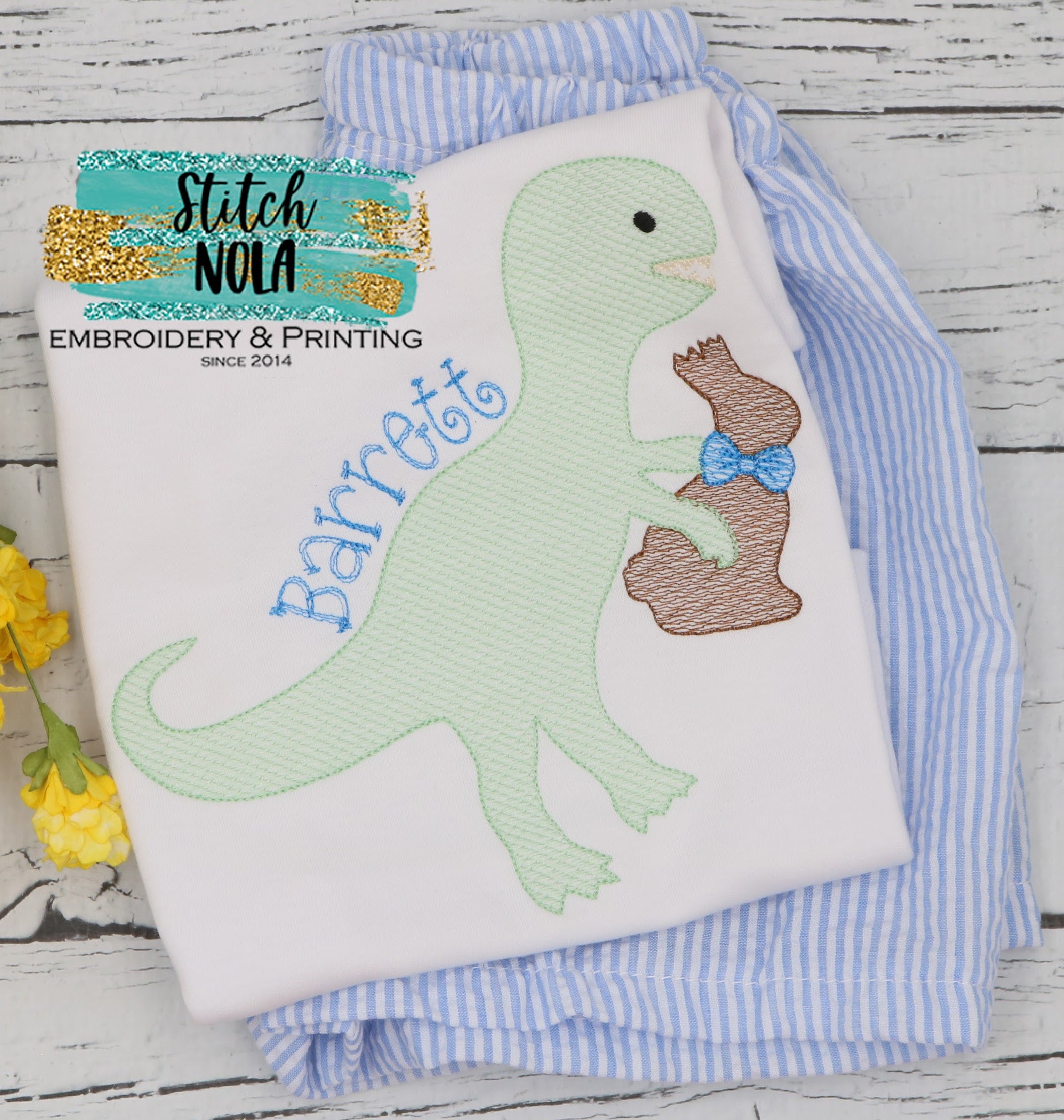 Personalized Easter Dinosaur Eating Bunny Ears Sketch Shirt