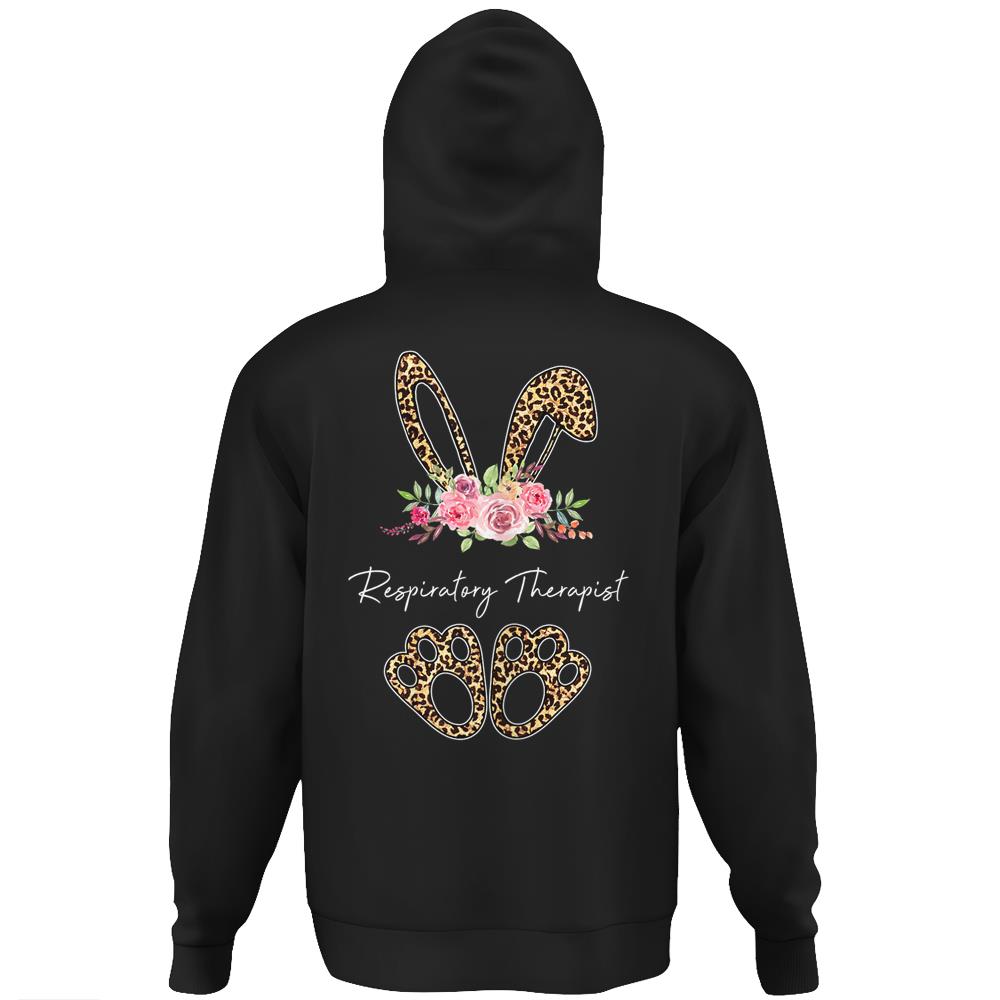 Womens Respiratory Therapist Bunny Leopard Flowers Easter Gifts Hoodie Print On Back