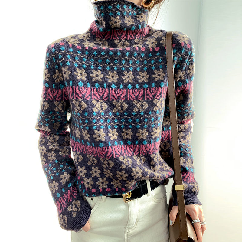 Vintage Jacquard Turtleneck Sweater Women 2021 Autumn Winter Retro Long Sleeve High Neck Geometric Pullovers Lady Knitted Jumper alx