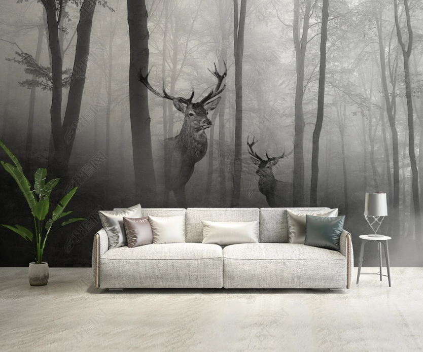 3D Hand Drawn Grey Forest Animal Elk Wall Mural Wallpaper Lqh 70