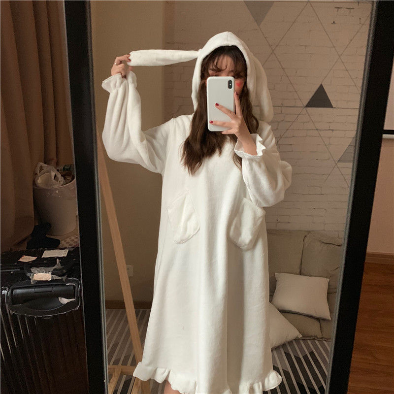 Women Sleepshirts Lace Patchwork Flannel Plus Velvet Square Collar Long Sleeve Winter Warm Soft Loose Sweet Simple Nightgowns alx