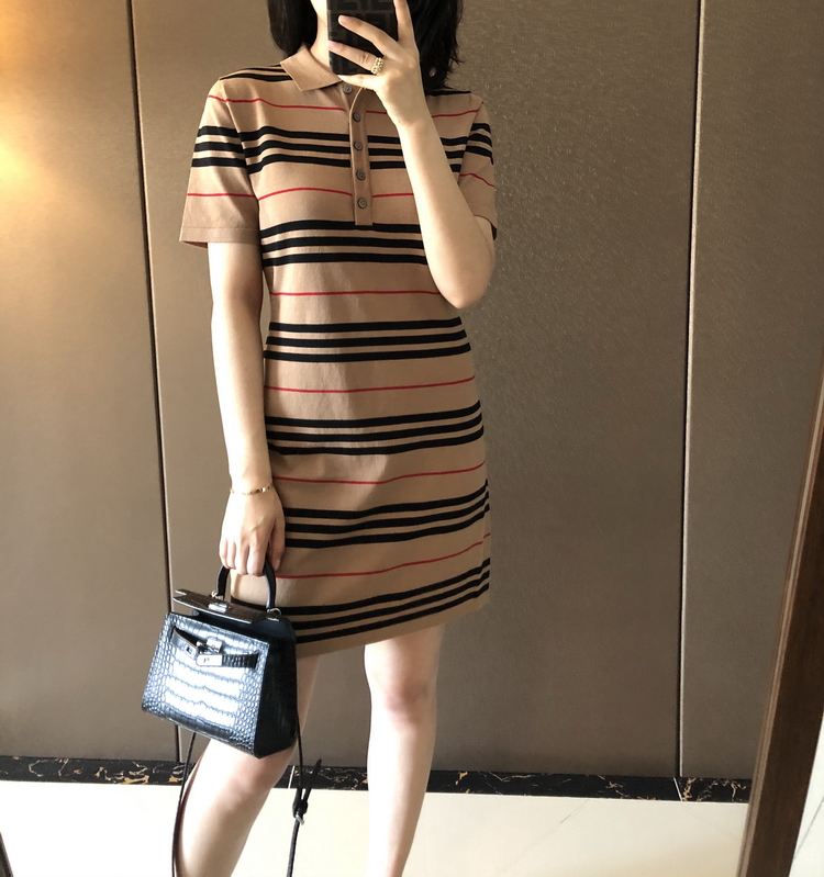 2022 Summer Korean Dress Women Stripe patchwork sweater Polo Dresses casual Short Sleeve Midi Tshirt dress girl Clothes Vestidos alx