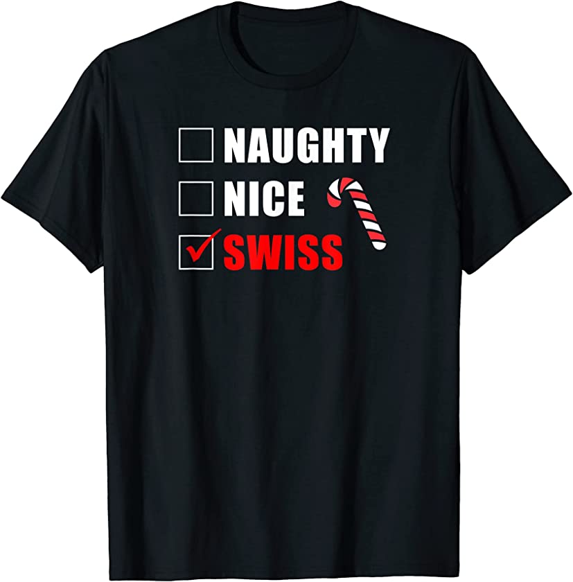 Naughty Nice Swiss Candy Cane Christmas Santa List T-Shirt