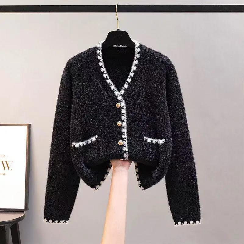 Sweater Cardigan Women Autumn Winter New V Neck Pearl Single Breasted Loose Short Thicken Sweater Sweet Long Sleeve Knitting Top alx