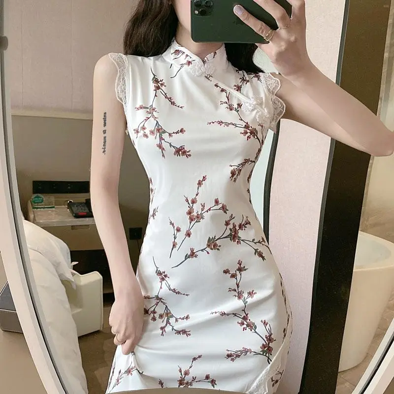 2021 Retro Cheongsam Chinese Women’s Qipao Elegant Sleeveless Vintage Dress Splice Lace Flower Embroidery Sexy High Split Dress alx