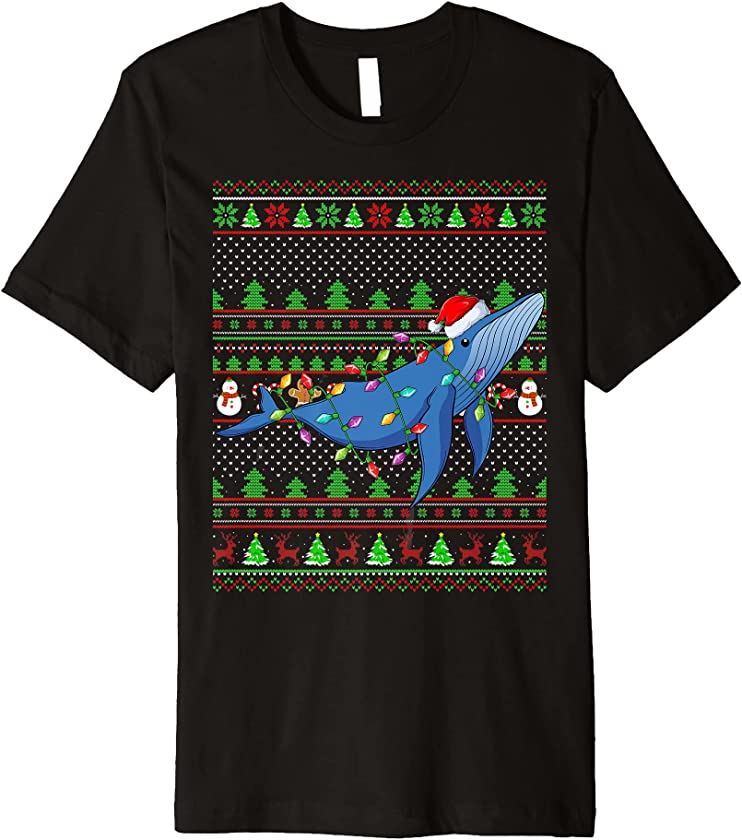 Ugly Xmas Sweater Style Lighting Blue Whale Fish Christmas Premium T-Shirt