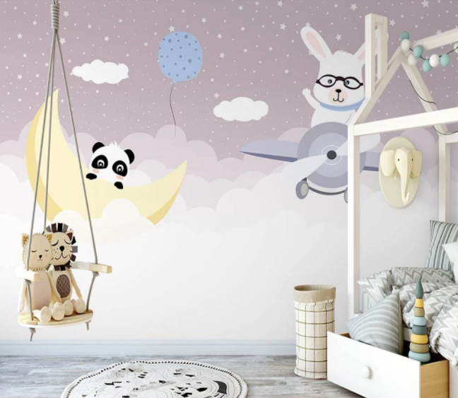 3D Cartoon Animal Cloud Airplane Wall Mural Wallpaper Lqh 216