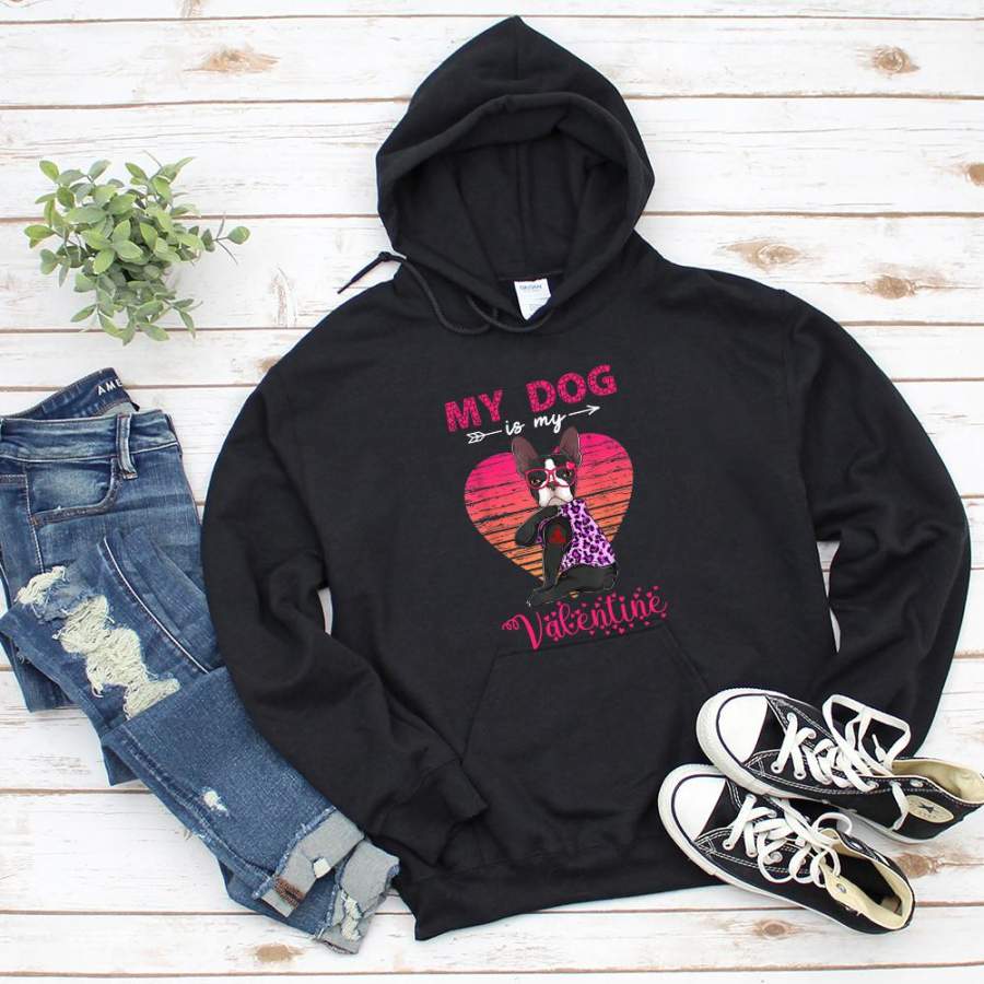 Valentine dog my dog is my valentine boston terrier leopard pink lovers heart black hoodie for men and women S-5XL