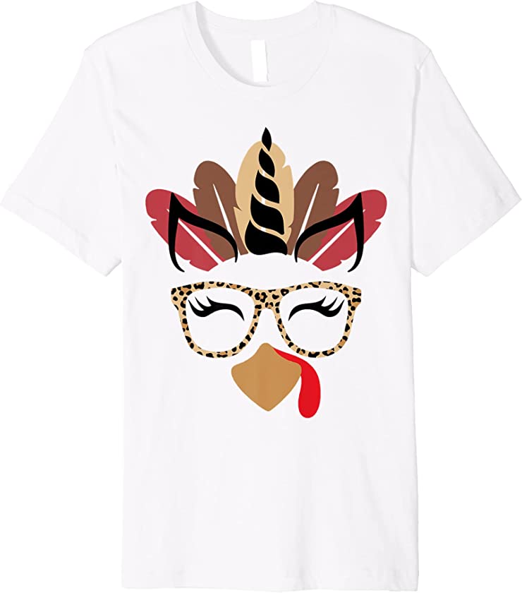 Unicorn Turkey Face Eyelashe Leopard Glasses Thanksgiving Premium T-Shirt