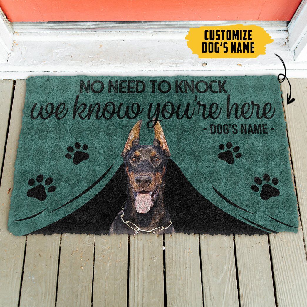 3D Doberman Pinscher We Know Youre Here Custom Name Doormat