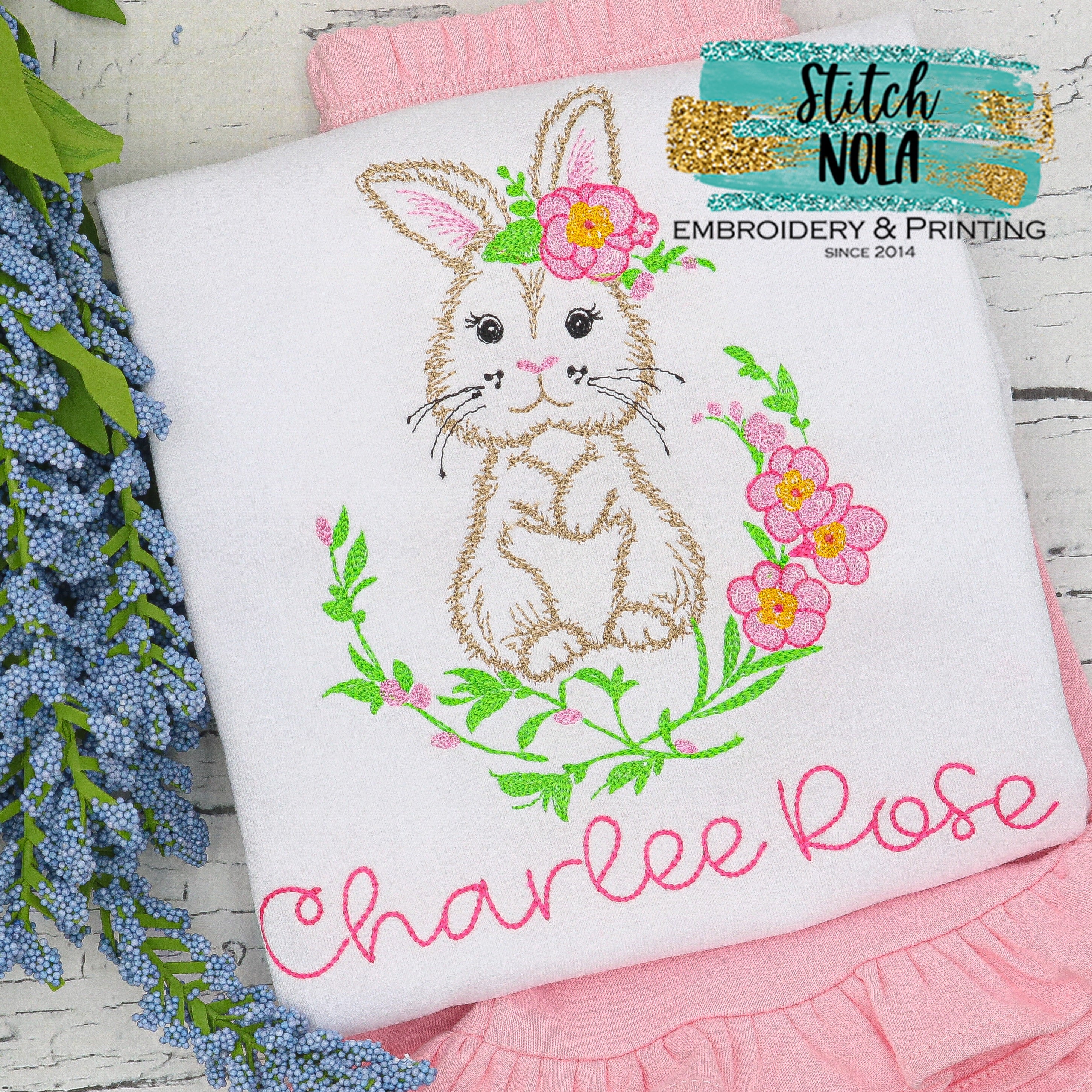 Personalized Vintage Easter Bunny With Flowers Sketch Shirt