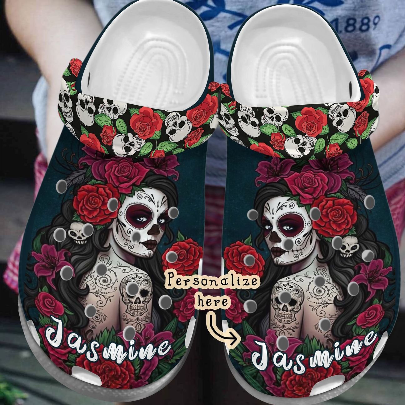 Skull Personalized Clog, Custom Name, Text, Color, Number Fashion Style For Women, Men, Kid, Print 3D Skull Girl