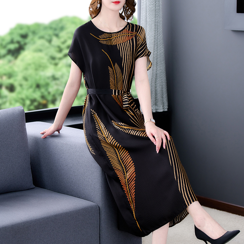 2022 Black Patchwork Print Natural Silk Midi Dress Women Korean Vintage Causal Dress Summer Elegant Bodycon Office Lady Dresses alx