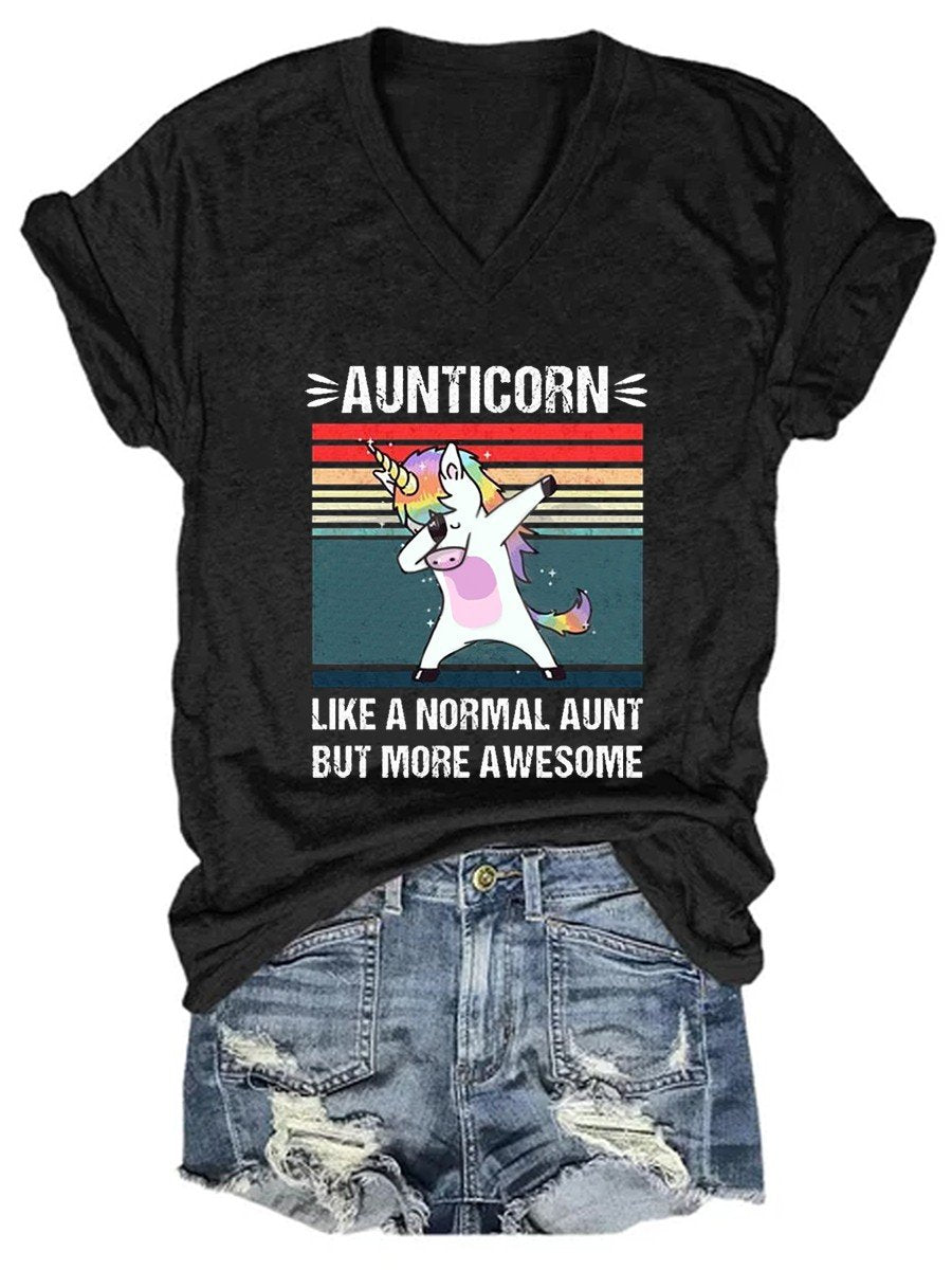 Women’S Aunticorn Like A Normal Aunt But More Awesome Unicorn Pattern V-Neck T-Shirt