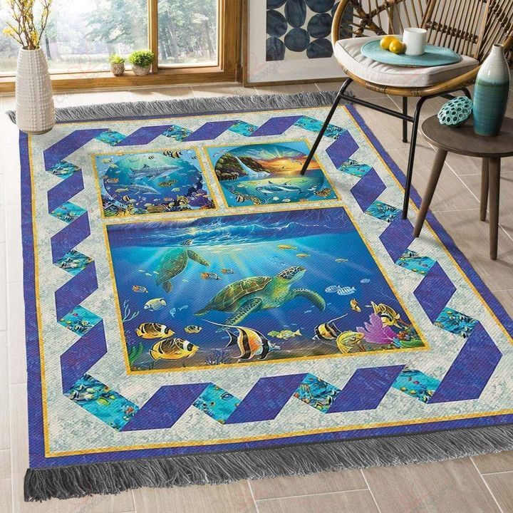 Blue Ocean Turtle Fish Dolphin Seagull Sunset Moutain Waterfall TH2910226CL Floor Overlay Rug