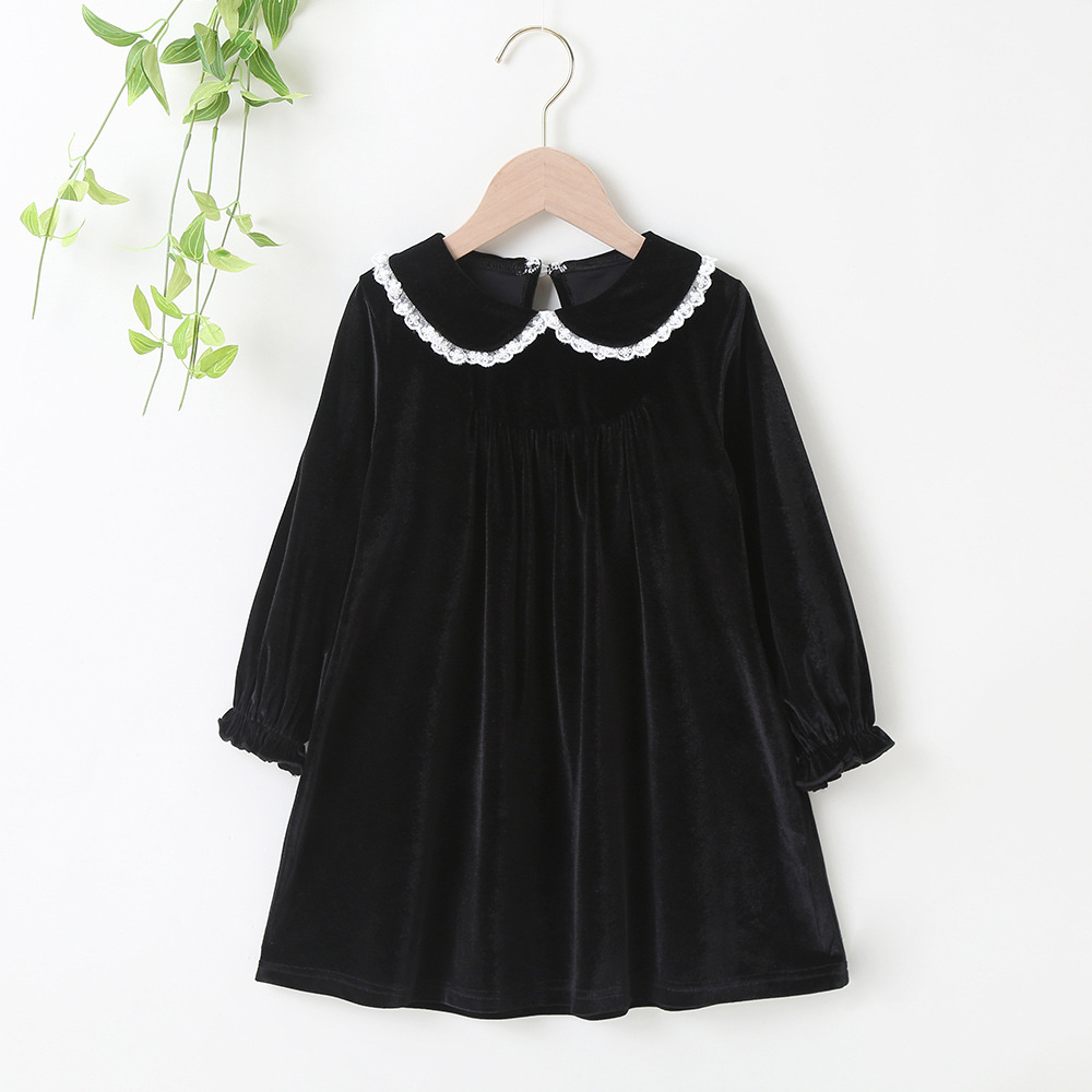 Autumn Winter 2022 New Dress Long Sleeve Peter Pan Collar Lace Velvet Green Black Cute Sweet Baby Girls Dress Vestidos 2-6T alx